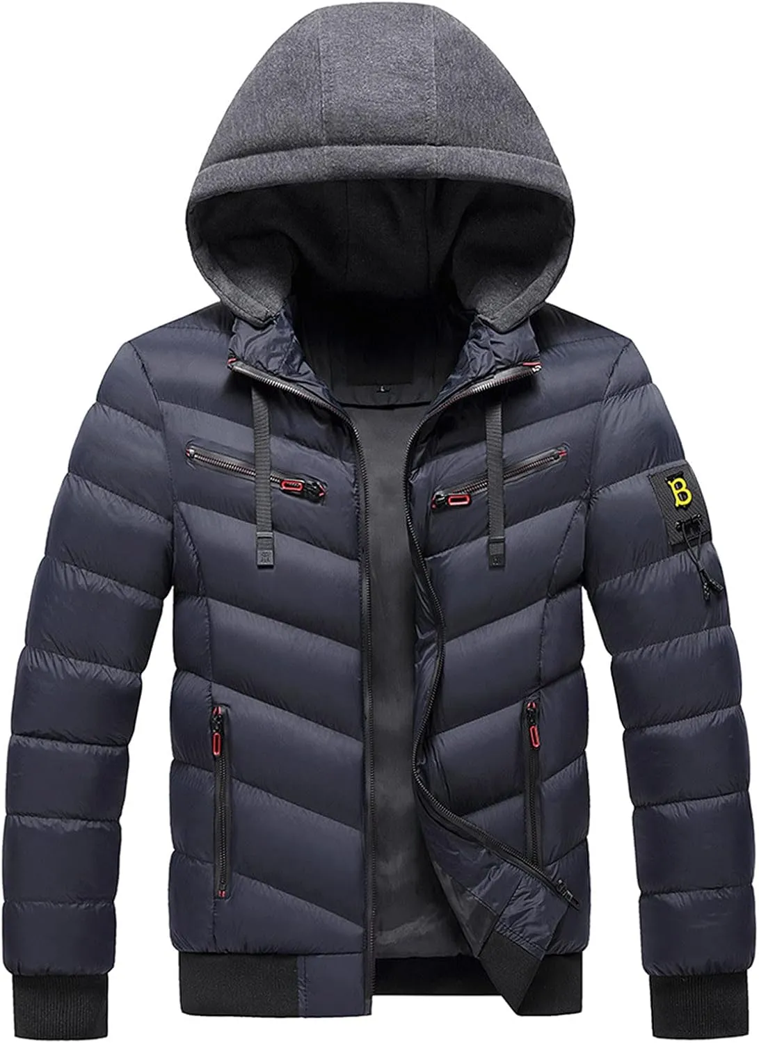 peqiut Winter Jacket For Men Warm Fall Winter Coats Cotton Padded Solid Color Long Sleeved Hooded Jacket Comfort