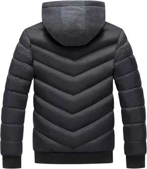 peqiut Winter Jacket For Men Warm Fall Winter Coats Cotton Padded Solid Color Long Sleeved Hooded Jacket Comfort