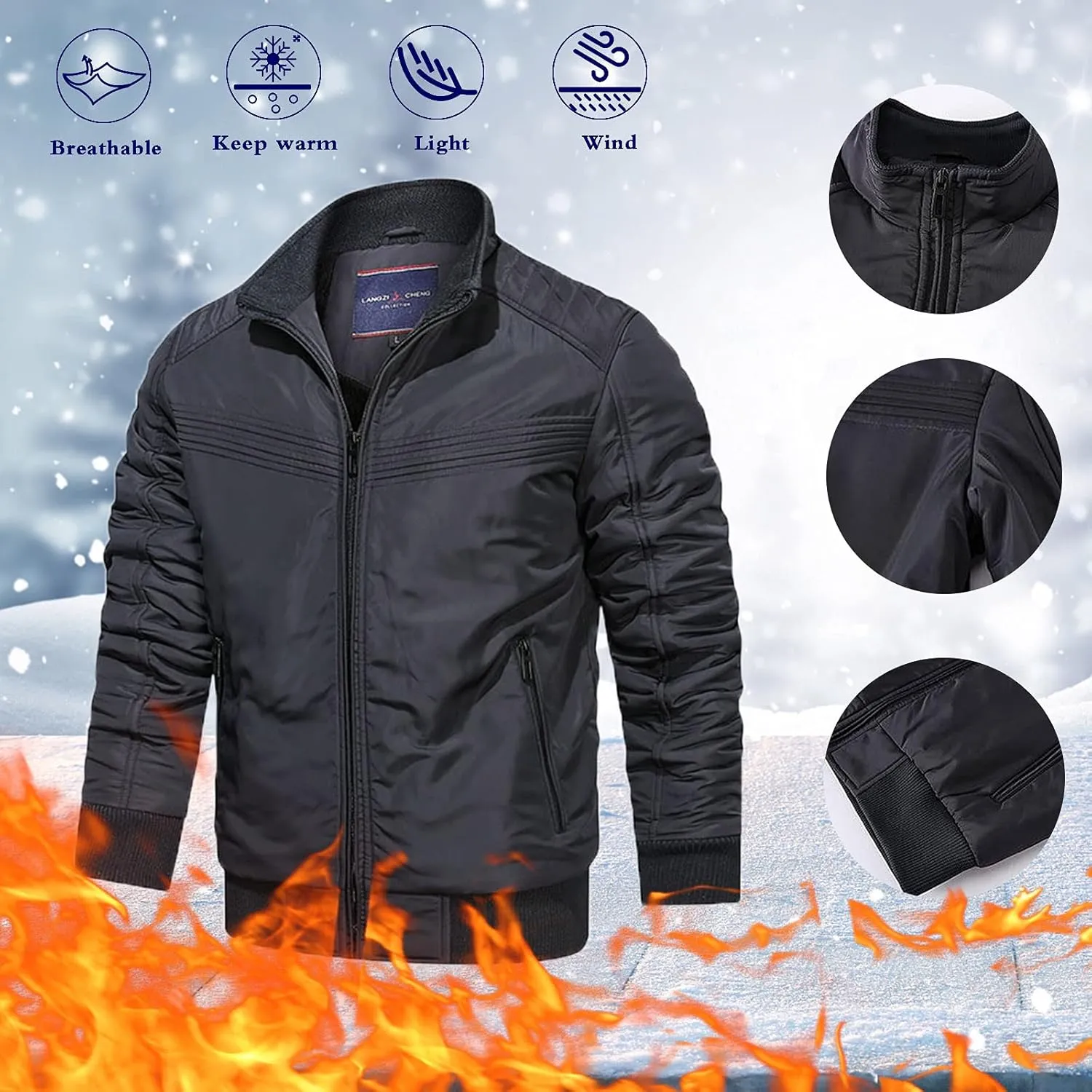 peqiut Winter Jacket For Men Zipper Cotton Padded Warm Fall Winter Coats Plus Size Pocket Leisure Jacket Comfort