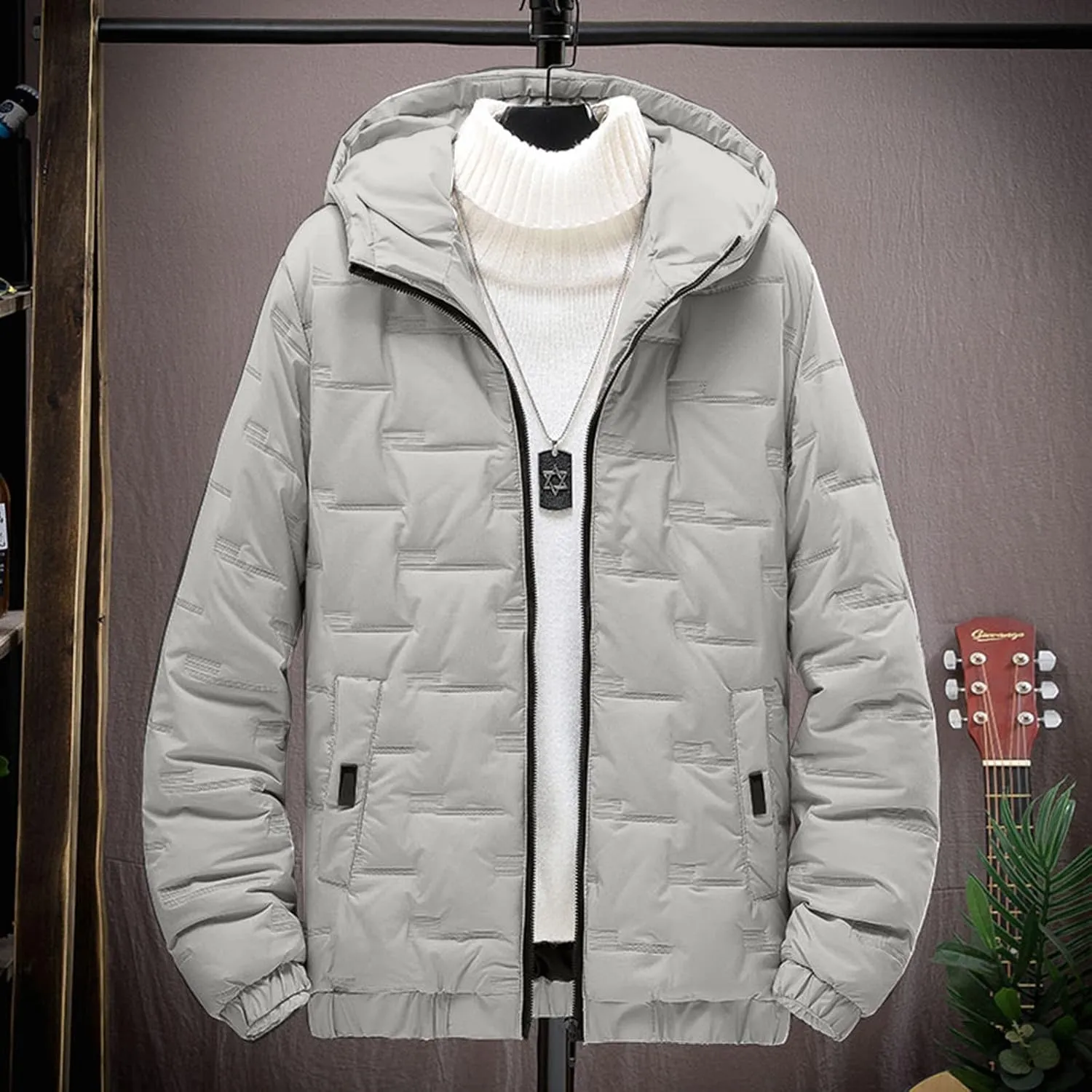 peqiut Winter Jacket For Men Zipper Cotton Padded Warm Fall Winter Hooded Coats Fashion Solid Color Jacket Comfort