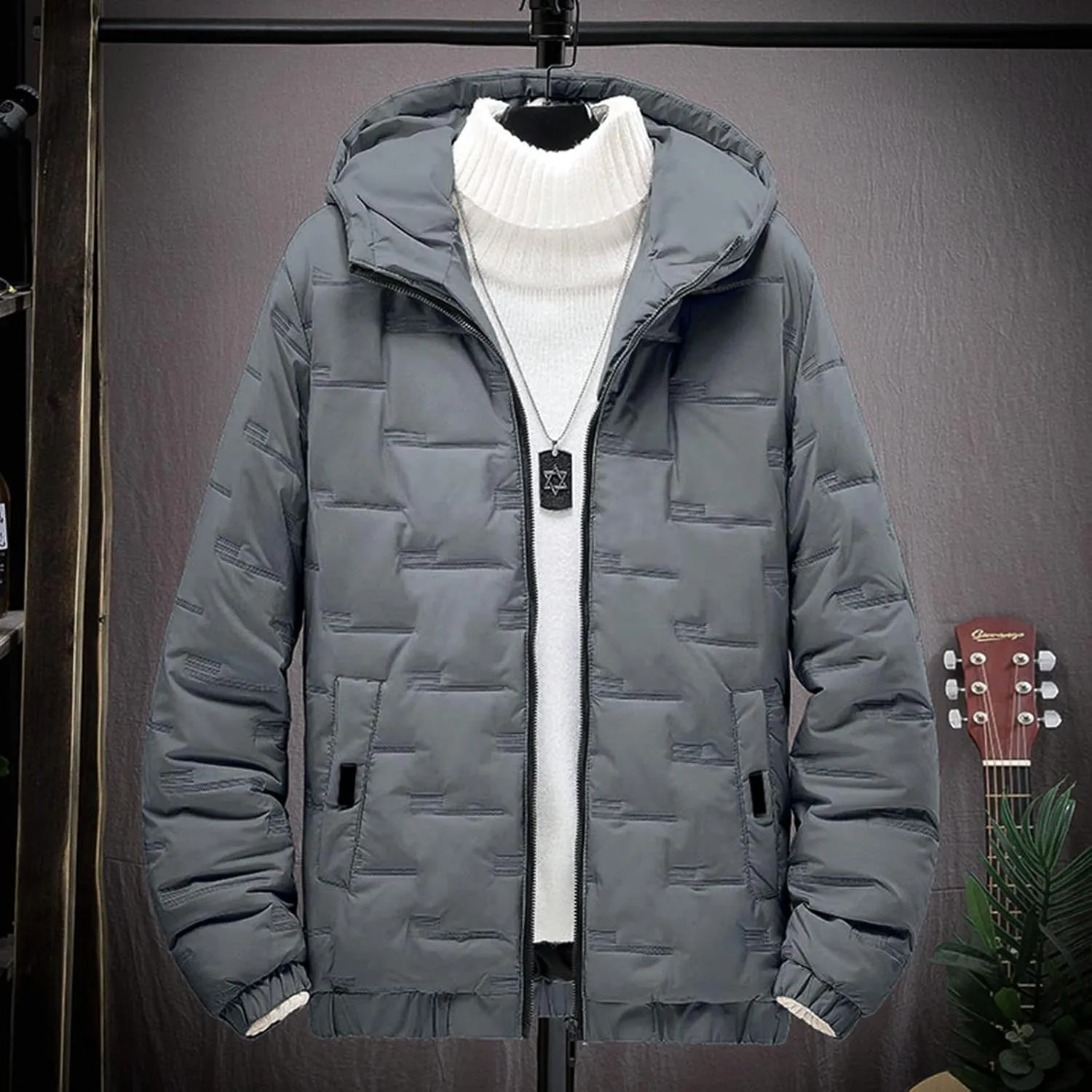 peqiut Winter Jacket For Men Zipper Cotton Padded Warm Fall Winter Hooded Coats Fashion Solid Color Jacket Comfort