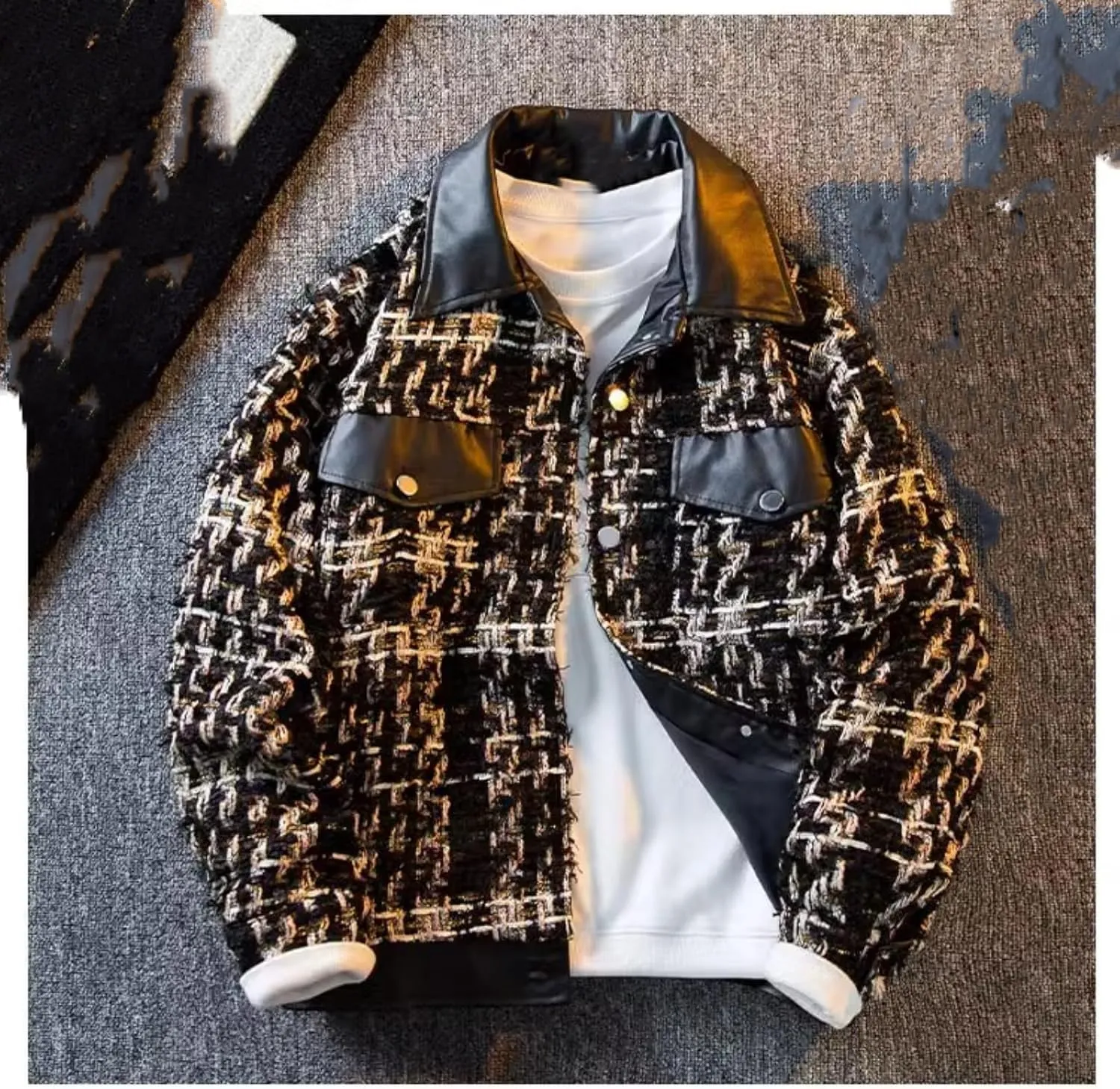 Plaid lapel woolen jacket men's loose cardigan woven baseball jacket