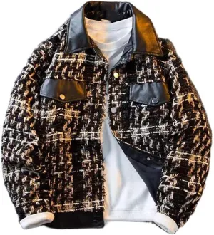 Plaid lapel woolen jacket men's loose cardigan woven baseball jacket