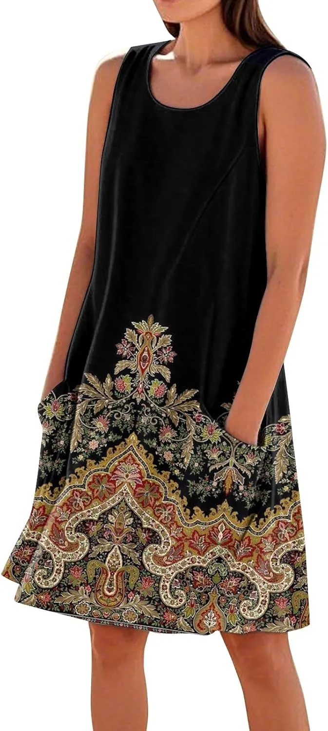 Plus Size Cotton Linen Midi Summer Dresses for Curvy Women 2025 Sleeveless Vacation Beach Sundresses with Pockets
