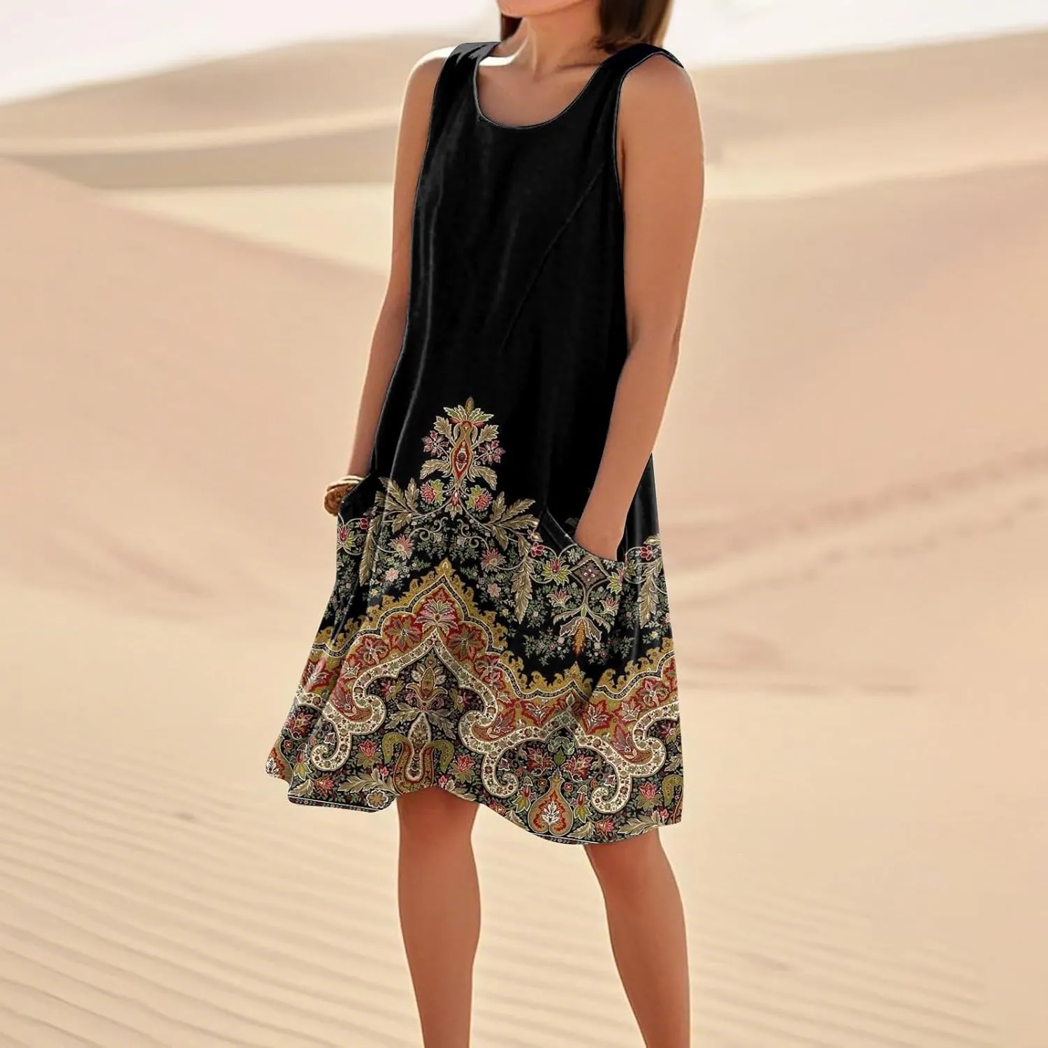 Plus Size Cotton Linen Midi Summer Dresses for Curvy Women 2025 Sleeveless Vacation Beach Sundresses with Pockets