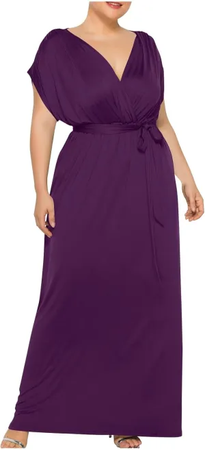 Plus Size Summer Dress for Women Fashion Solid Color Sundress Warp V Neck Short Sleeve Flowy Maxi Long Dresses