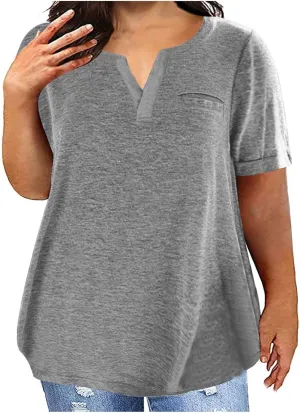 Plus Size Tops for Women Cut Vneck Short Sleeve T Shirt Oversized Solid Color Dressy Blouses with Pocket