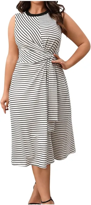 Plus Size Women Striped Print Twist Tank Dress Sleeveless Slim Fit Night Out Midi Dress Summer Vacation Boho Dresses
