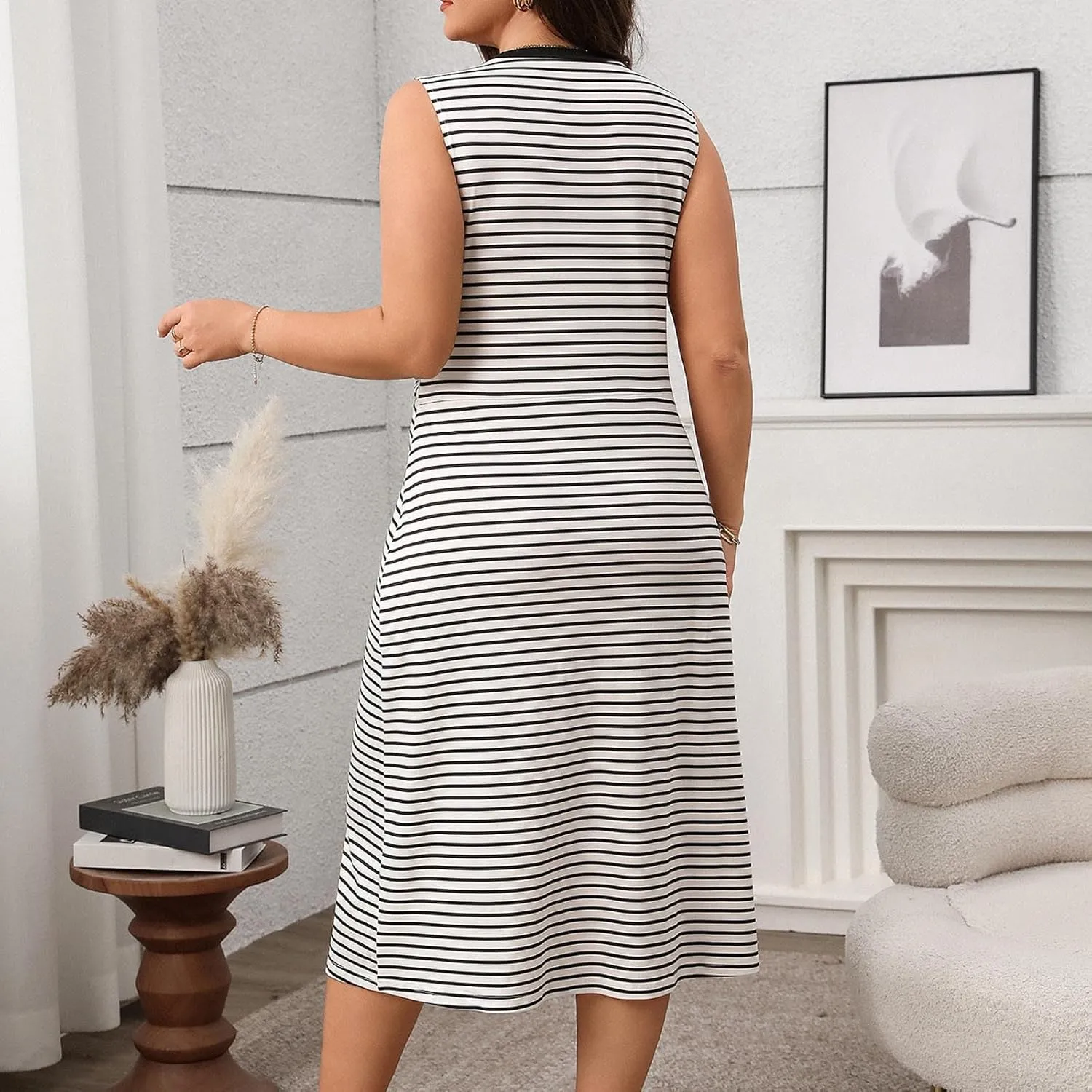 Plus Size Women Striped Print Twist Tank Dress Sleeveless Slim Fit Night Out Midi Dress Summer Vacation Boho Dresses
