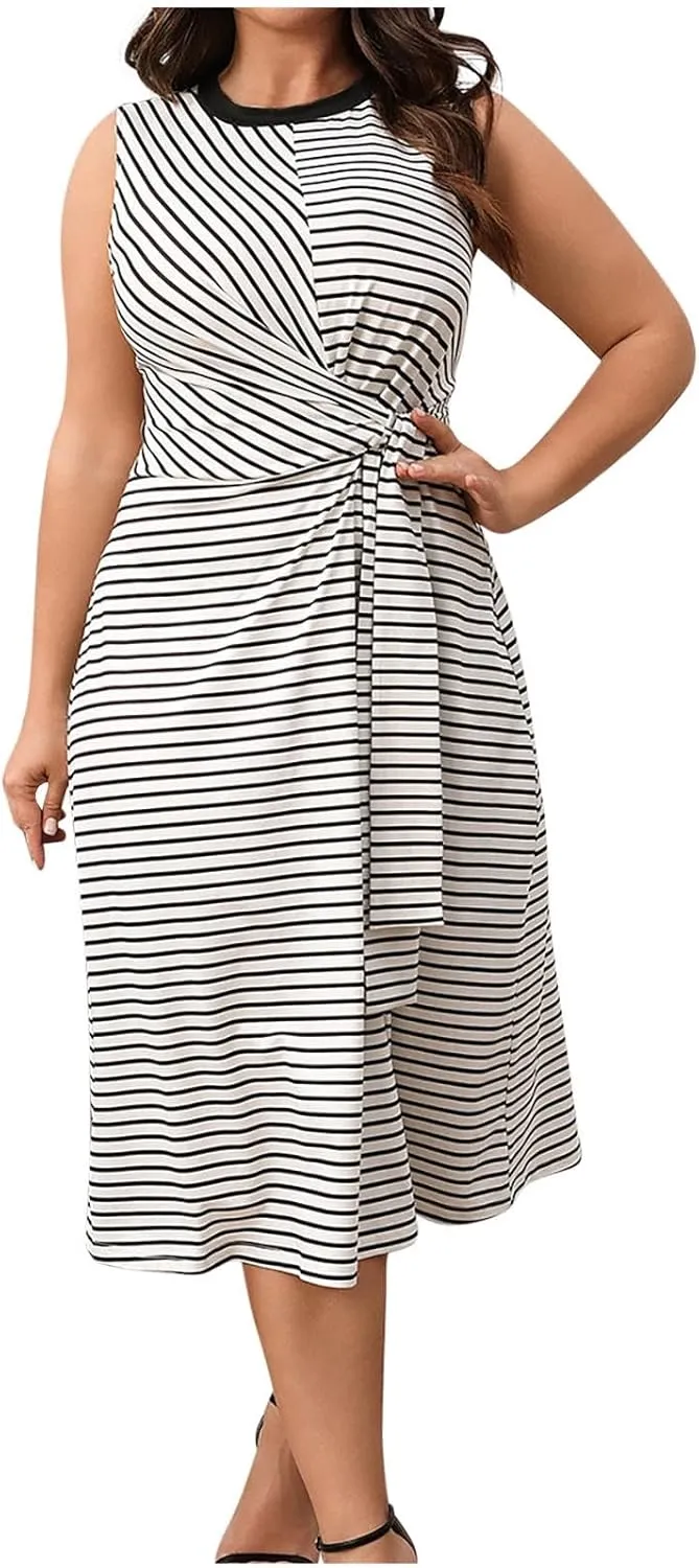 Plus Size Women Striped Print Twist Tank Dress Sleeveless Slim Fit Night Out Midi Dress Summer Vacation Boho Dresses