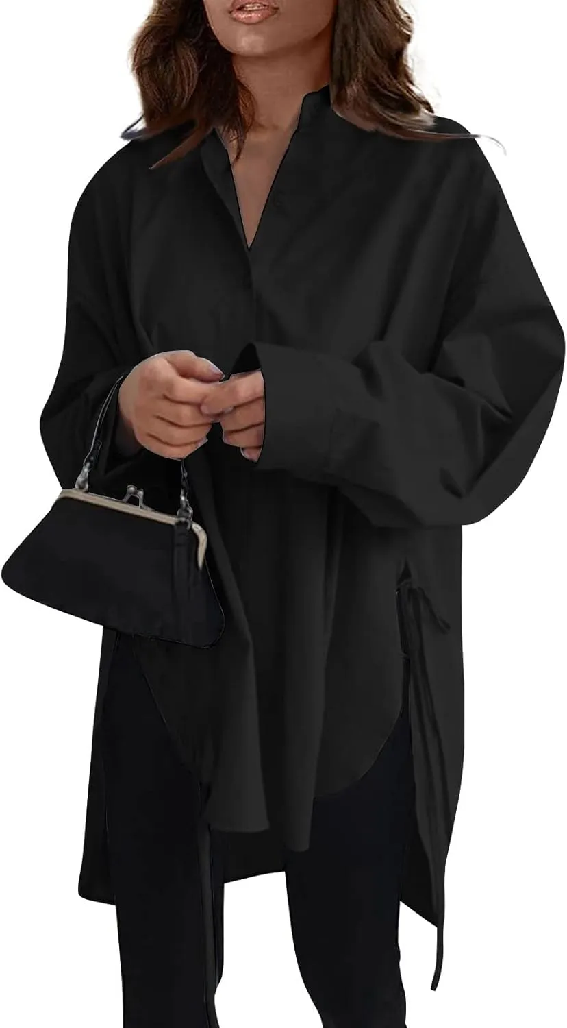 Plus Size Womens Tops Button Down Long Sleeve Boyfriend Long Shirts Fall Henley V Neck Tops Lapel Collared Blouses