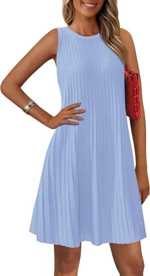 PRETTYGARDEN Womens 2025 Summer Sleeveless Mini Dress Crewneck Loose Tank A Line Pleated Swing Flowy Party Dresses