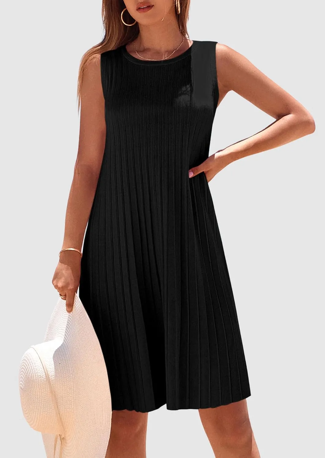 PRETTYGARDEN Womens 2025 Summer Sleeveless Mini Dress Crewneck Loose Tank A Line Pleated Swing Flowy Party Dresses