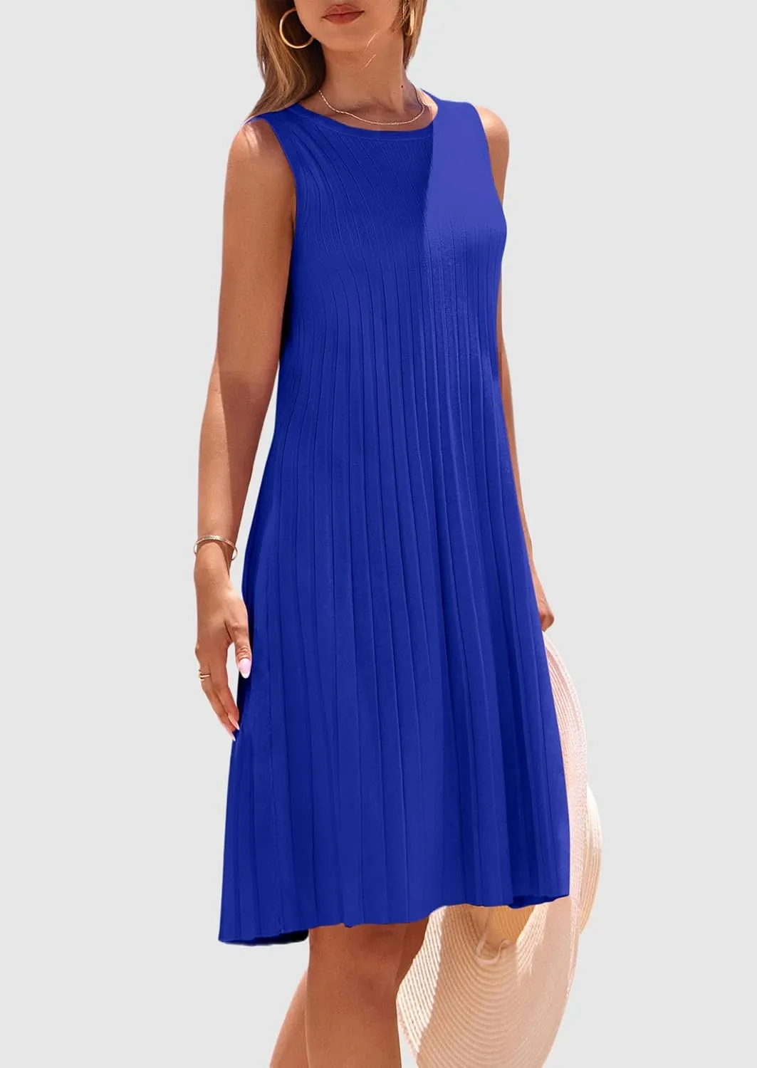 PRETTYGARDEN Womens 2025 Summer Sleeveless Mini Dress Crewneck Loose Tank A Line Pleated Swing Flowy Party Dresses