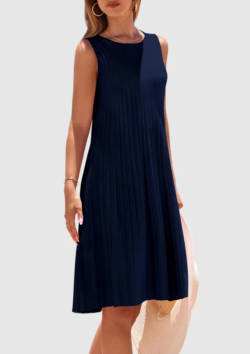 PRETTYGARDEN Womens 2025 Summer Sleeveless Mini Dress Crewneck Loose Tank A Line Pleated Swing Flowy Party Dresses