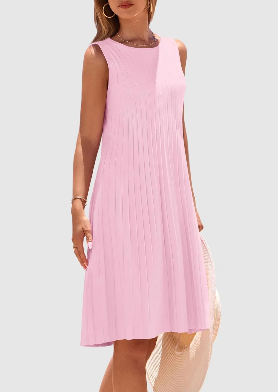 PRETTYGARDEN Womens 2025 Summer Sleeveless Mini Dress Crewneck Loose Tank A Line Pleated Swing Flowy Party Dresses