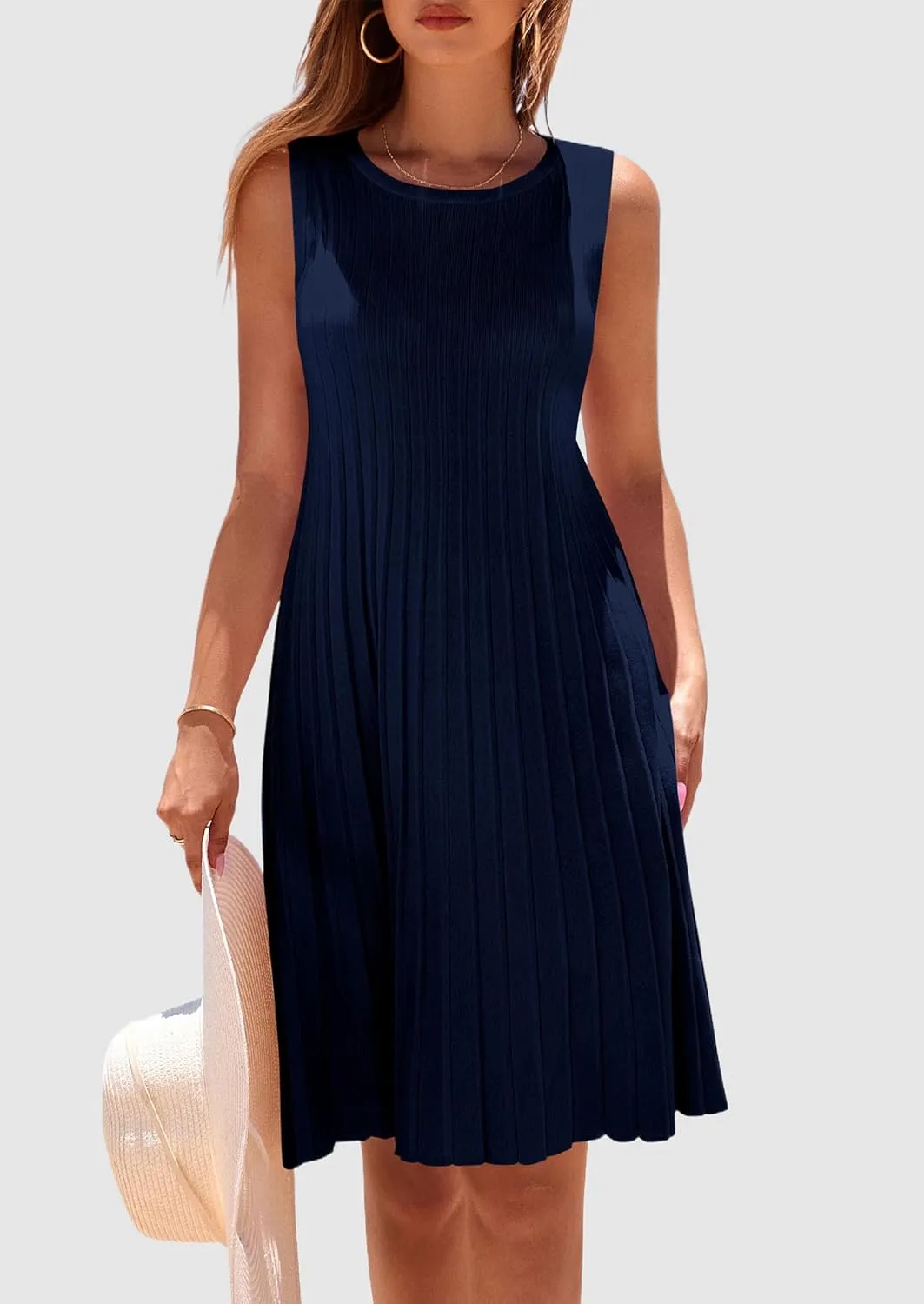 PRETTYGARDEN Womens 2025 Summer Sleeveless Mini Dress Crewneck Loose Tank A Line Pleated Swing Flowy Party Dresses