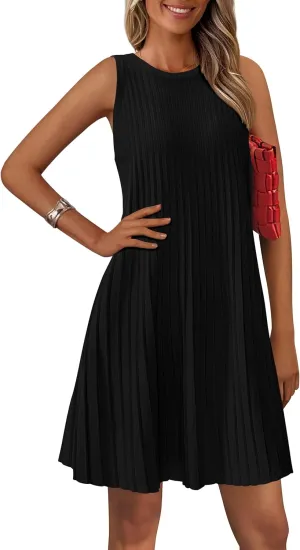 PRETTYGARDEN Womens 2025 Summer Sleeveless Mini Dress Crewneck Loose Tank A Line Pleated Swing Flowy Party Dresses