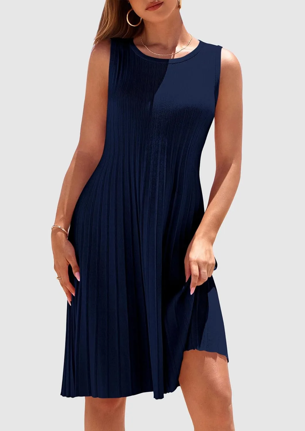 PRETTYGARDEN Womens 2025 Summer Sleeveless Mini Dress Crewneck Loose Tank A Line Pleated Swing Flowy Party Dresses