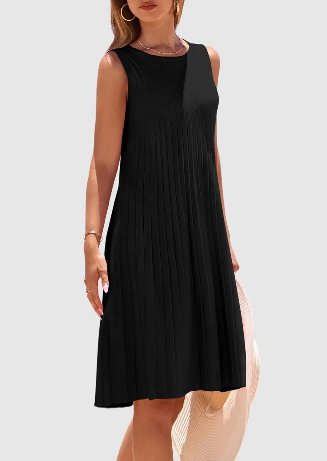PRETTYGARDEN Womens 2025 Summer Sleeveless Mini Dress Crewneck Loose Tank A Line Pleated Swing Flowy Party Dresses