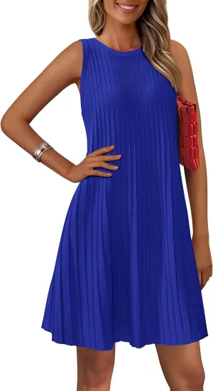 PRETTYGARDEN Womens 2025 Summer Sleeveless Mini Dress Crewneck Loose Tank A Line Pleated Swing Flowy Party Dresses