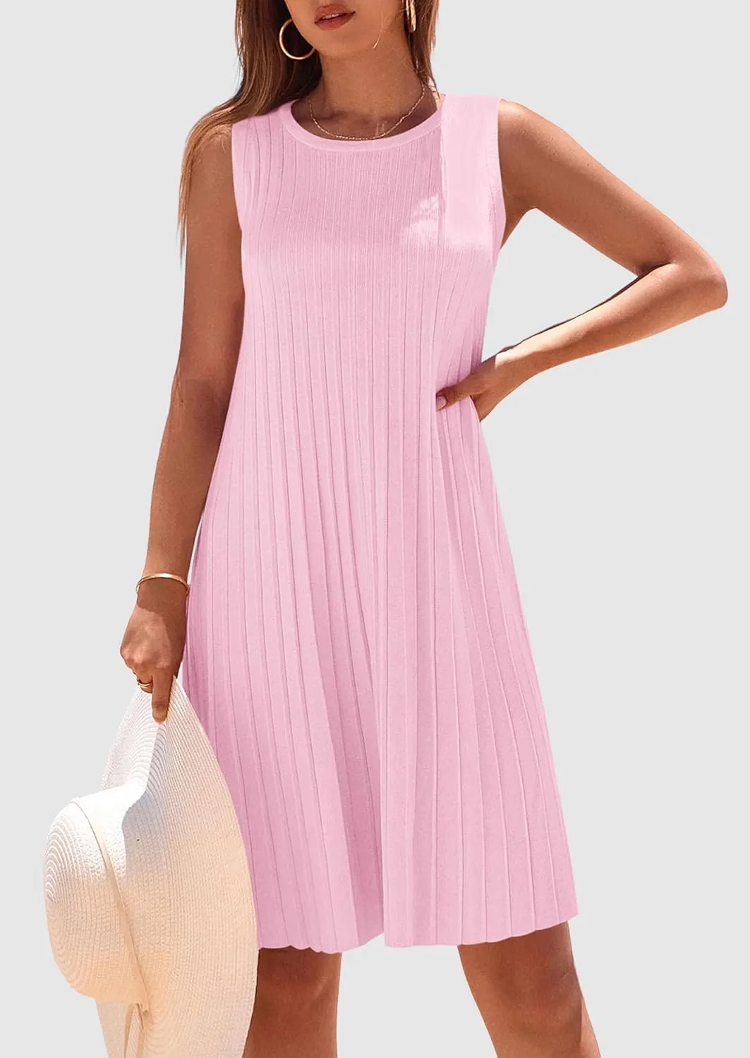 PRETTYGARDEN Womens 2025 Summer Sleeveless Mini Dress Crewneck Loose Tank A Line Pleated Swing Flowy Party Dresses