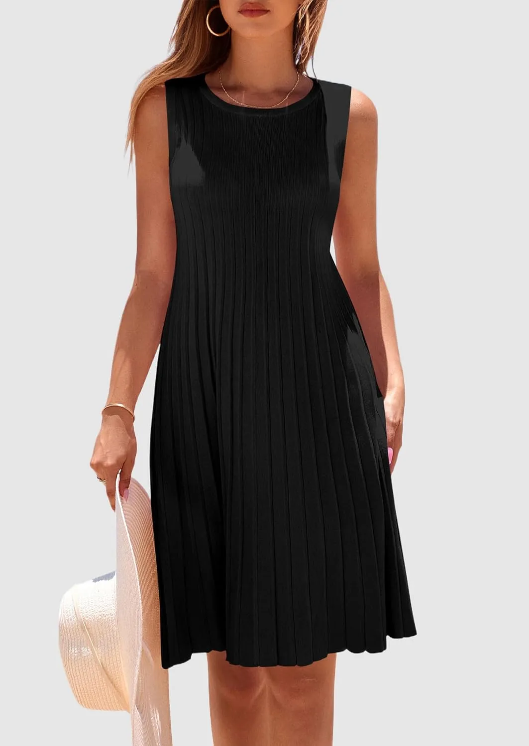 PRETTYGARDEN Womens 2025 Summer Sleeveless Mini Dress Crewneck Loose Tank A Line Pleated Swing Flowy Party Dresses