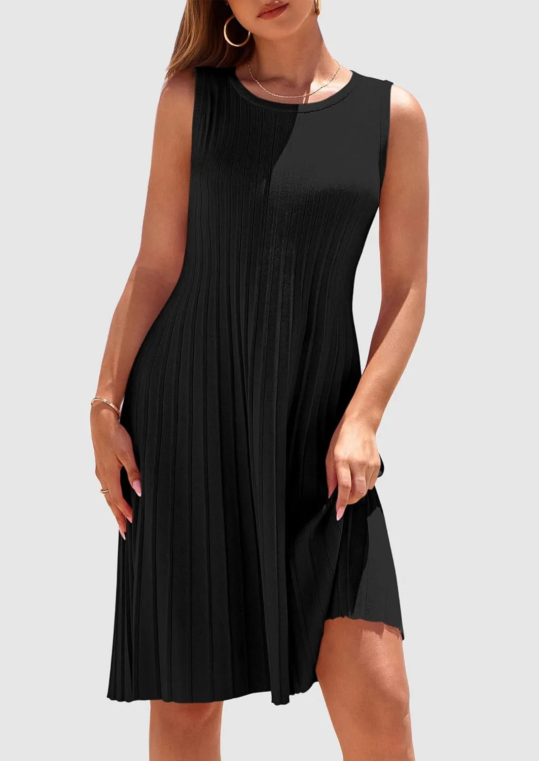 PRETTYGARDEN Womens 2025 Summer Sleeveless Mini Dress Crewneck Loose Tank A Line Pleated Swing Flowy Party Dresses