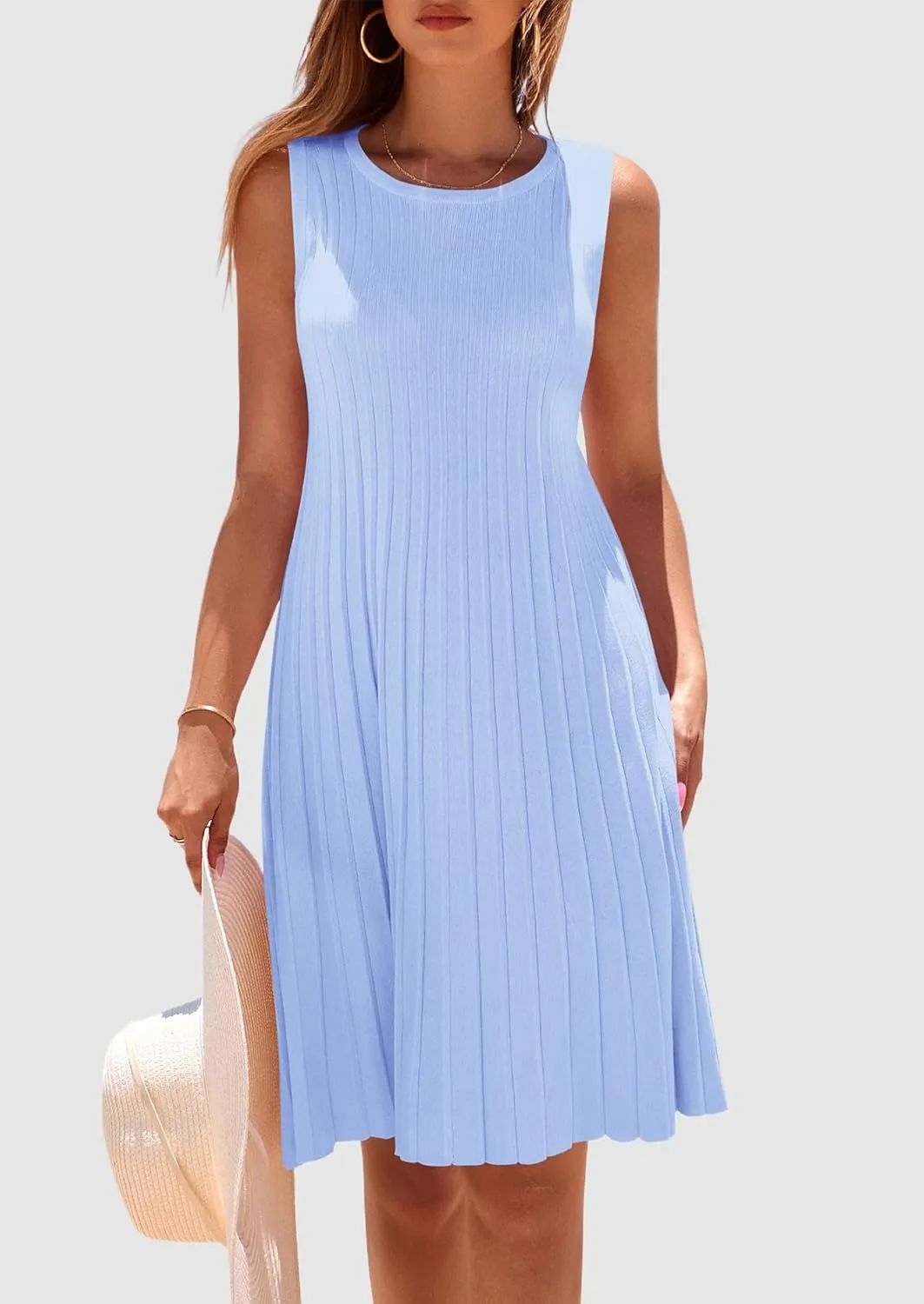 PRETTYGARDEN Womens 2025 Summer Sleeveless Mini Dress Crewneck Loose Tank A Line Pleated Swing Flowy Party Dresses