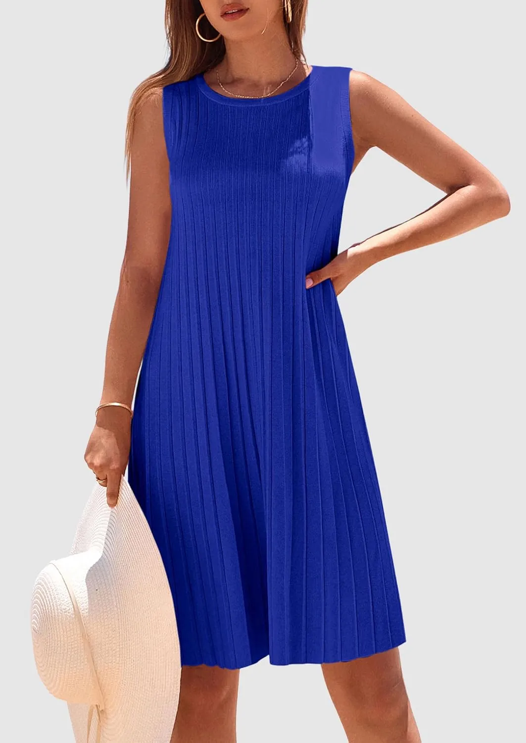 PRETTYGARDEN Womens 2025 Summer Sleeveless Mini Dress Crewneck Loose Tank A Line Pleated Swing Flowy Party Dresses
