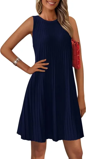 PRETTYGARDEN Womens 2025 Summer Sleeveless Mini Dress Crewneck Loose Tank A Line Pleated Swing Flowy Party Dresses