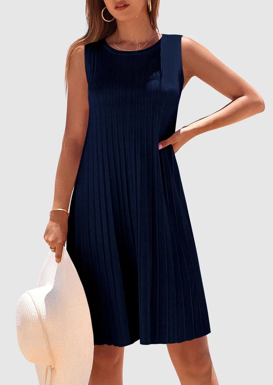 PRETTYGARDEN Womens 2025 Summer Sleeveless Mini Dress Crewneck Loose Tank A Line Pleated Swing Flowy Party Dresses