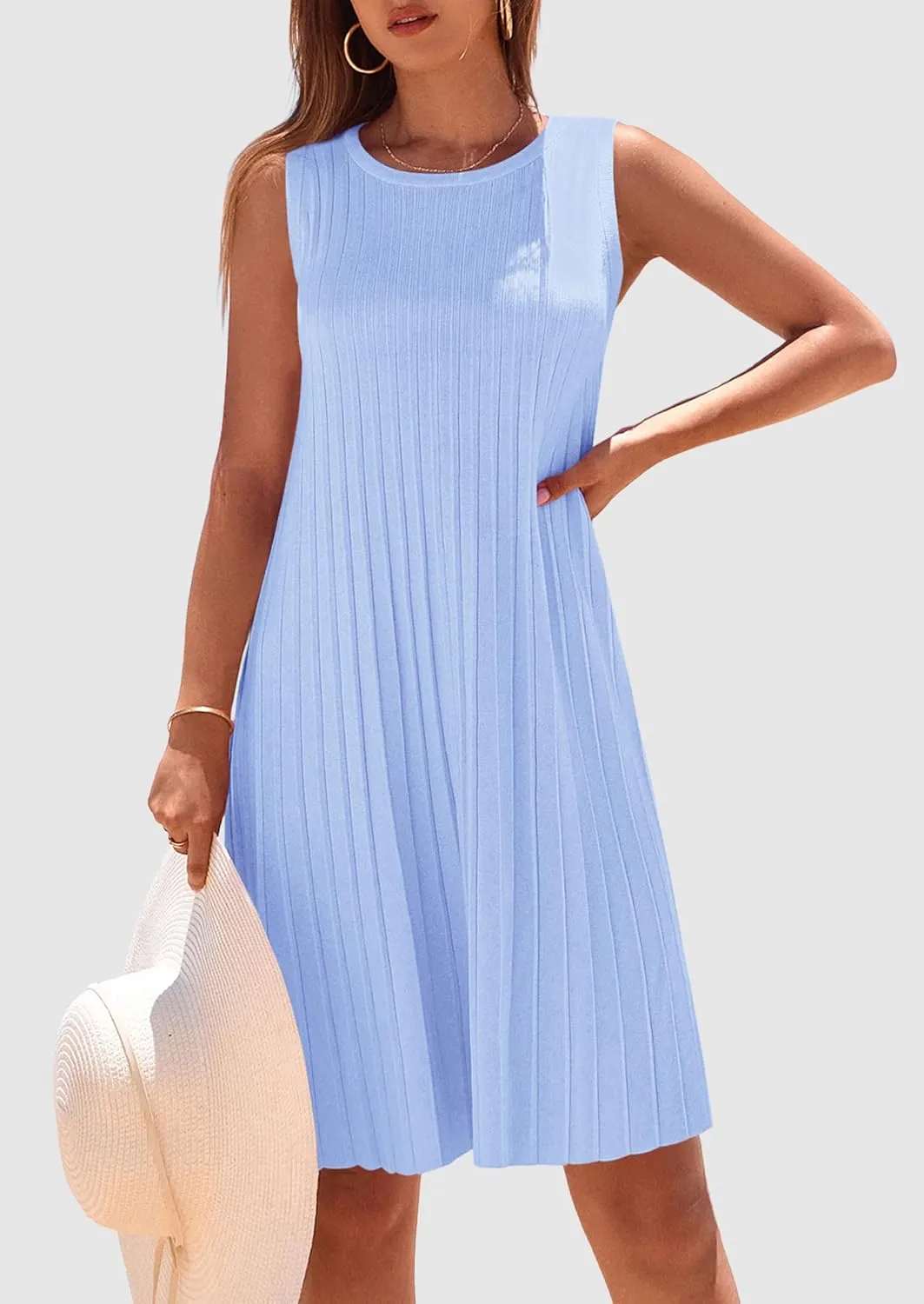 PRETTYGARDEN Womens 2025 Summer Sleeveless Mini Dress Crewneck Loose Tank A Line Pleated Swing Flowy Party Dresses