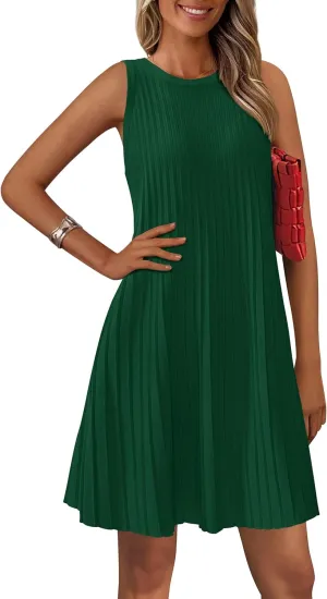 PRETTYGARDEN Womens 2025 Summer Sleeveless Mini Dress Crewneck Loose Tank A Line Pleated Swing Flowy Party Dresses