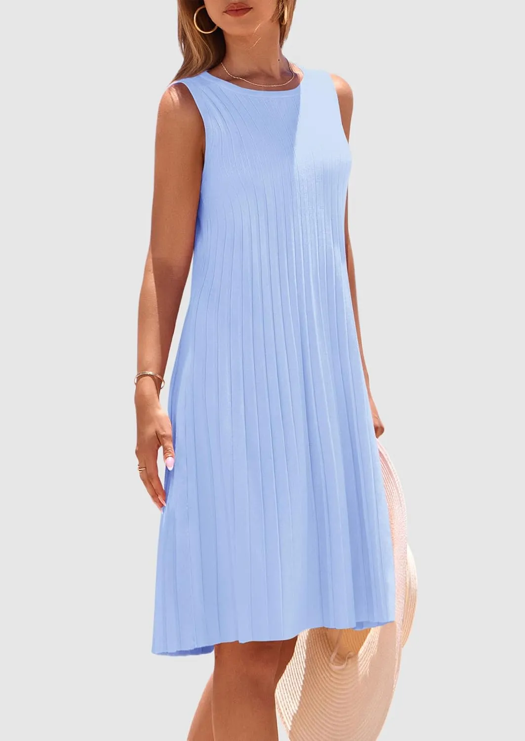 PRETTYGARDEN Womens 2025 Summer Sleeveless Mini Dress Crewneck Loose Tank A Line Pleated Swing Flowy Party Dresses