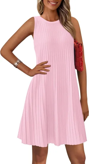 PRETTYGARDEN Womens 2025 Summer Sleeveless Mini Dress Crewneck Loose Tank A Line Pleated Swing Flowy Party Dresses