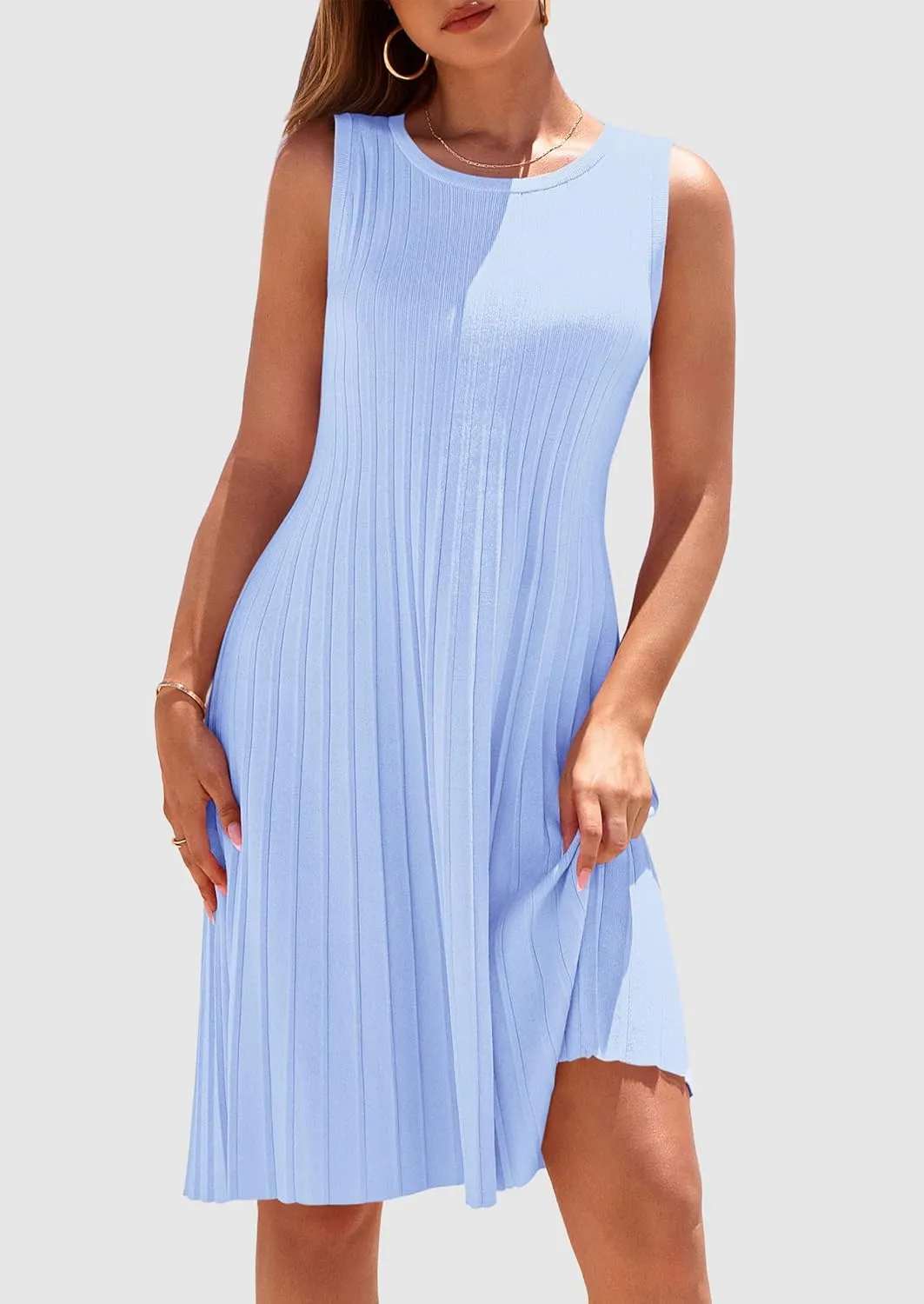 PRETTYGARDEN Womens 2025 Summer Sleeveless Mini Dress Crewneck Loose Tank A Line Pleated Swing Flowy Party Dresses