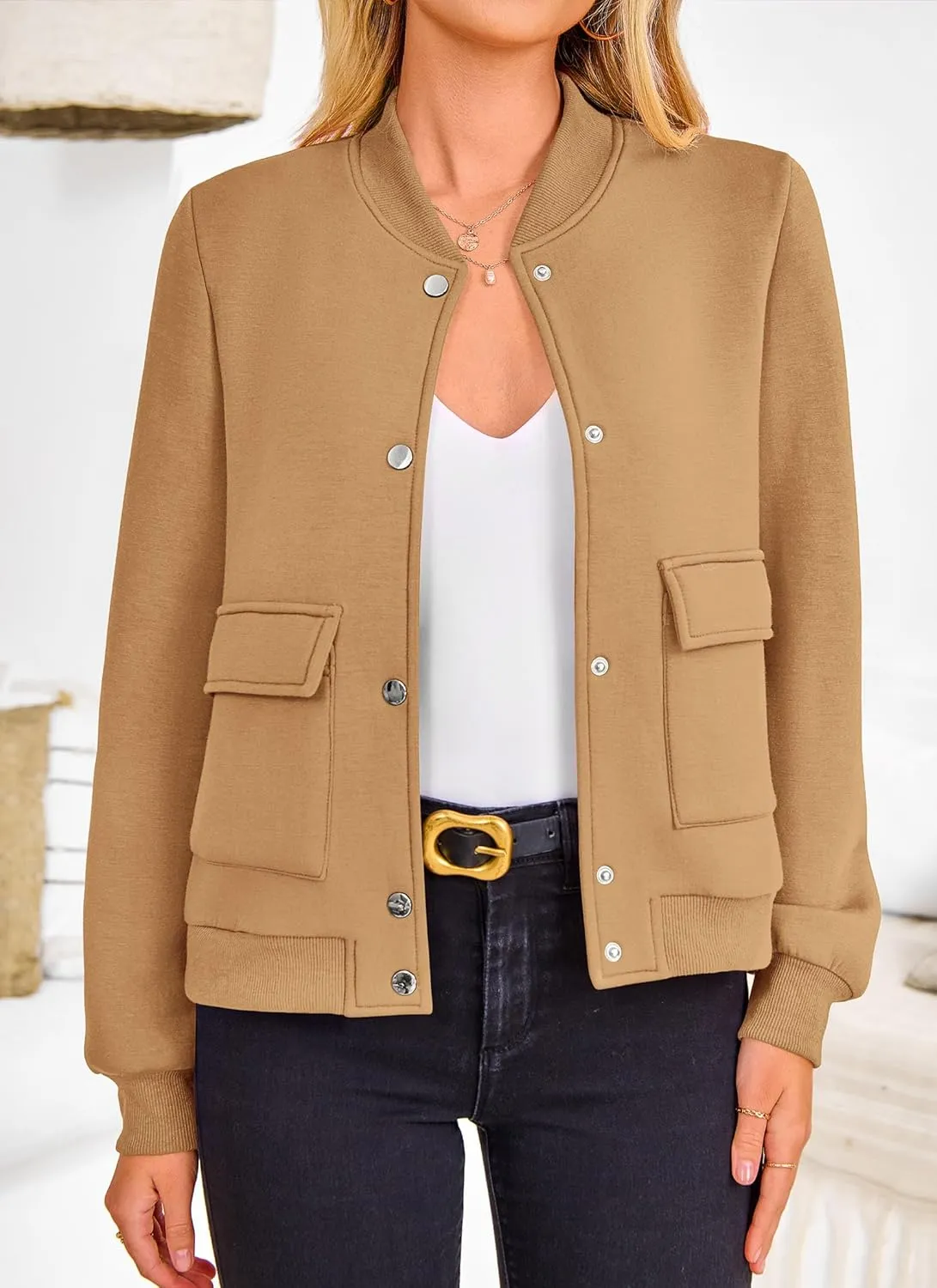PRETTYGARDEN Women's Bomber Jackets Winter Trendy Varsity Jackets Shackets Button Down Cropped Coats with Pockets