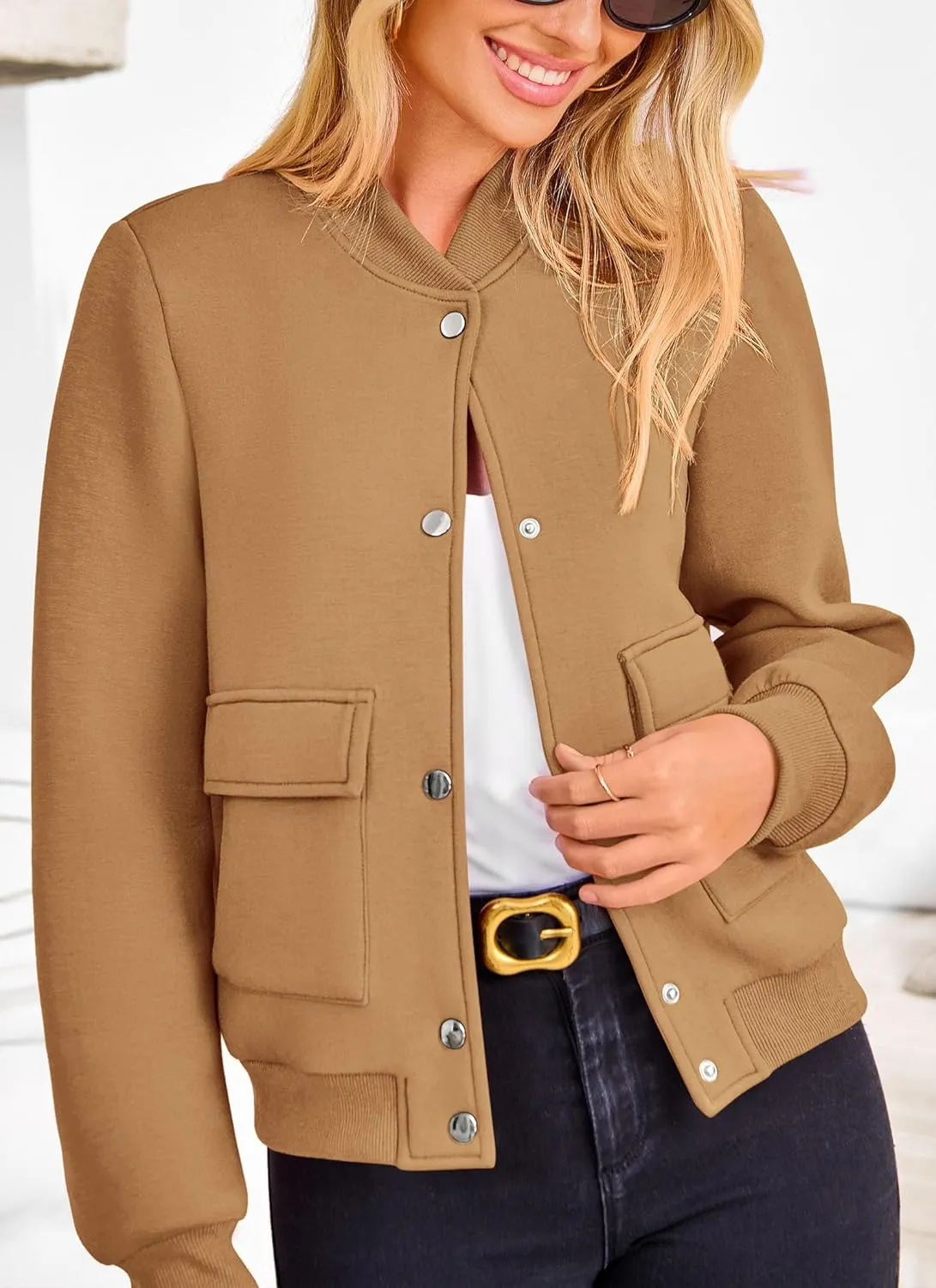 PRETTYGARDEN Women's Bomber Jackets Winter Trendy Varsity Jackets Shackets Button Down Cropped Coats with Pockets
