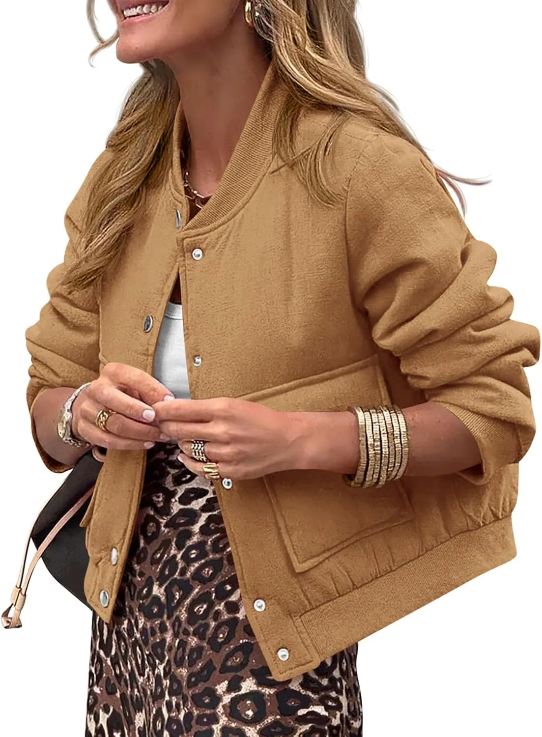 PRETTYGARDEN Women's Bomber Jackets Winter Trendy Varsity Jackets Shackets Button Down Cropped Coats with Pockets