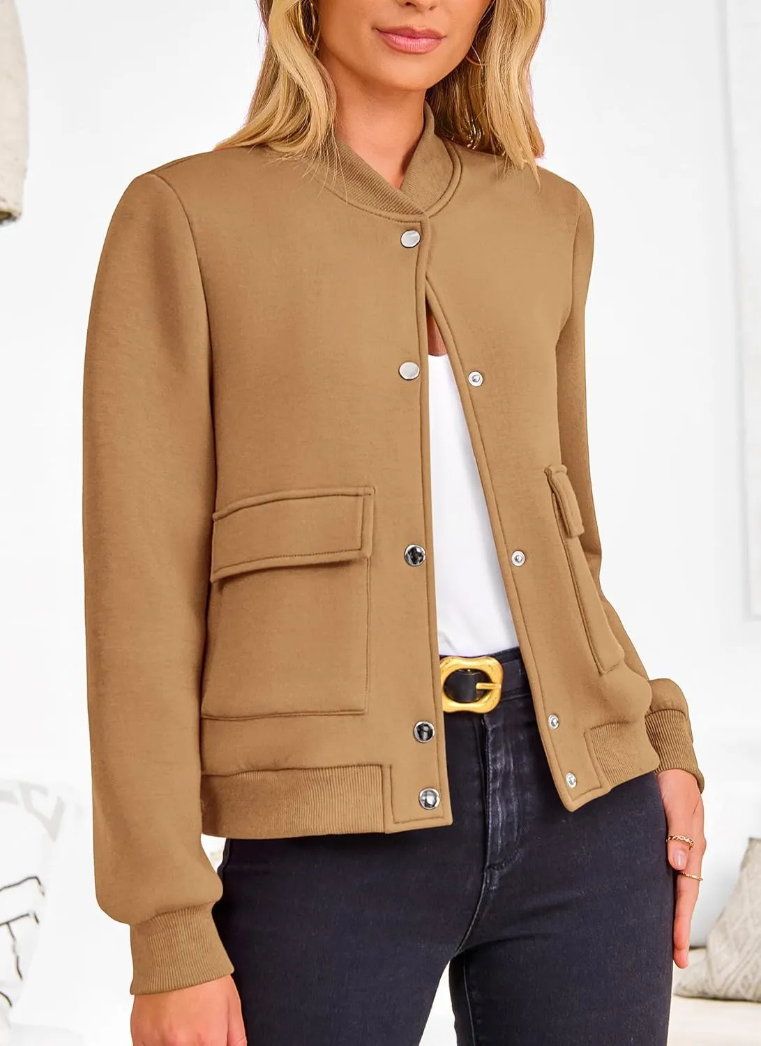PRETTYGARDEN Women's Bomber Jackets Winter Trendy Varsity Jackets Shackets Button Down Cropped Coats with Pockets