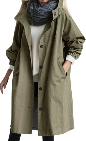 Rain Jacket For Women Plus Size Long Raincoat Lightweight Hooded Windbreaker Trench Coat Tops with Pockets