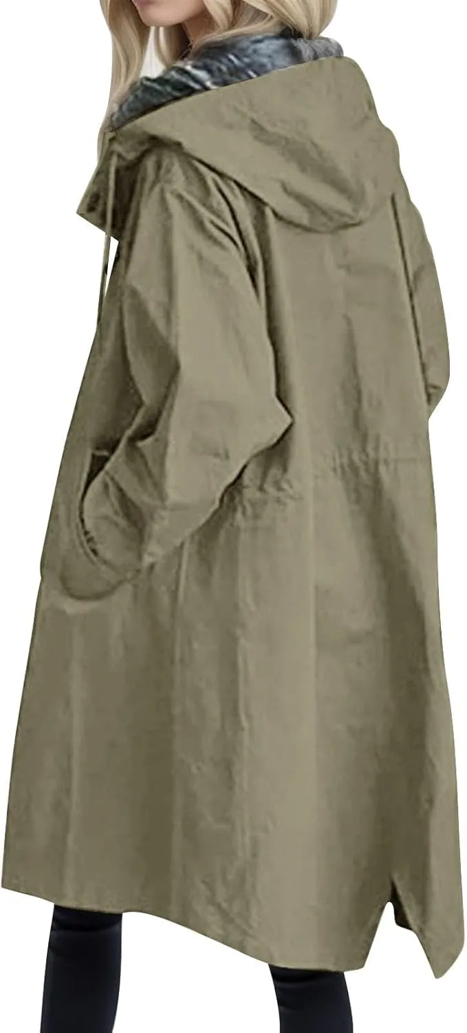 Rain Jacket For Women Plus Size Long Raincoat Lightweight Hooded Windbreaker Trench Coat Tops with Pockets