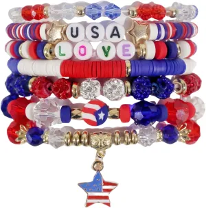 Red White and Blue Bracelets Halloween Bracelets Stackable Heishi Beaded Stretch Bracelets