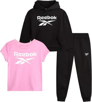 Reebok Baby Girls' Pants Set - 3 Piece Fleece Lined Sweatshirt, Graphic Tee and Jogger Pants for Infant and Toddler (12M-6X)
