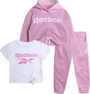 Reebok Baby Girls' Pants Set - 3 Piece Fleece Lined Sweatshirt, Graphic Tee and Jogger Pants for Infant and Toddler (12M-6X)