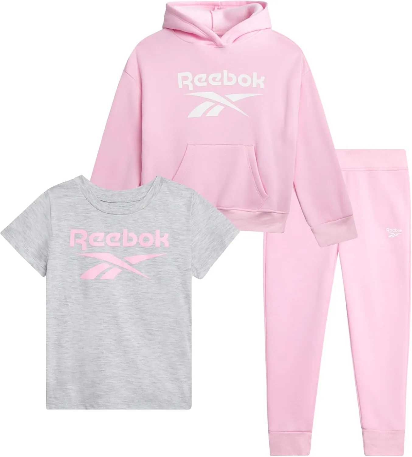 Reebok Baby Girls' Pants Set - 3 Piece Fleece Lined Sweatshirt, Graphic Tee and Jogger Pants for Infant and Toddler (12M-6X)