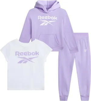 Reebok Baby Girls' Pants Set - 3 Piece Fleece Lined Sweatshirt, Graphic Tee and Jogger Pants for Infant and Toddler (12M-6X)