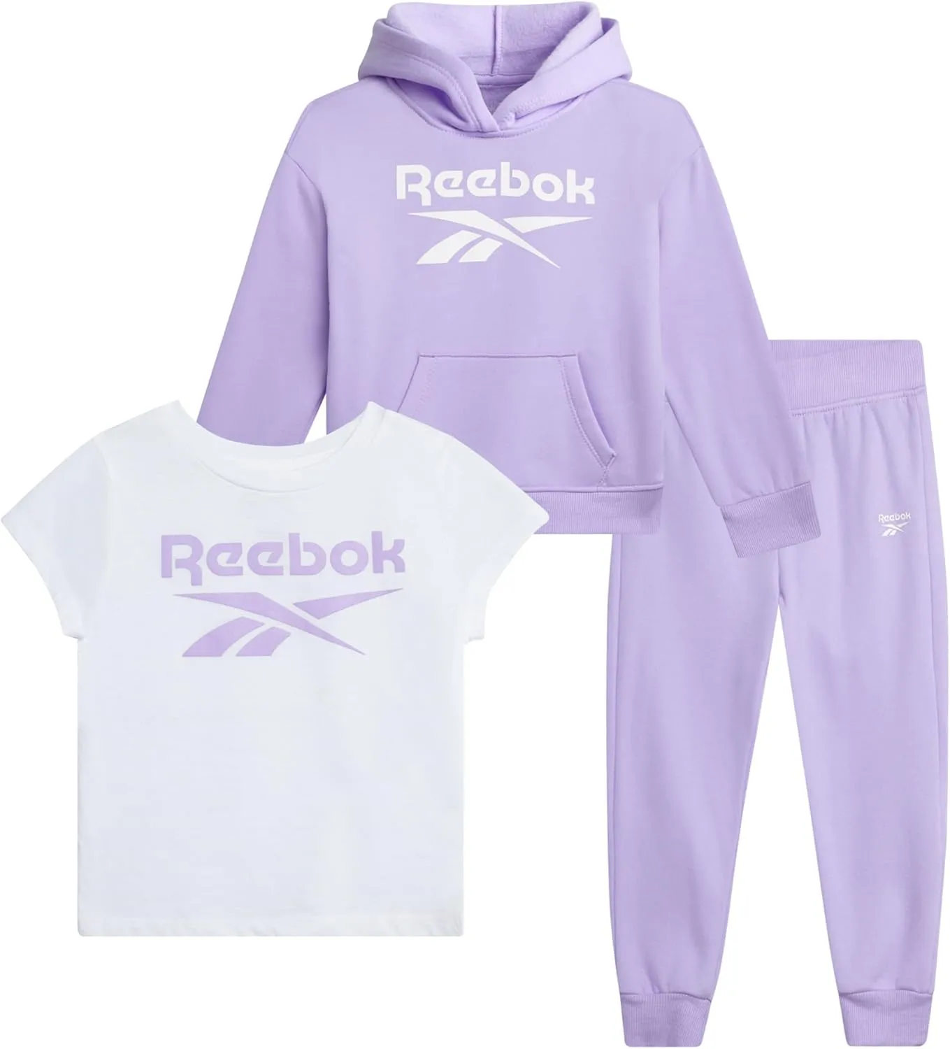 Reebok Baby Girls' Pants Set - 3 Piece Fleece Lined Sweatshirt, Graphic Tee and Jogger Pants for Infant and Toddler (12M-6X)