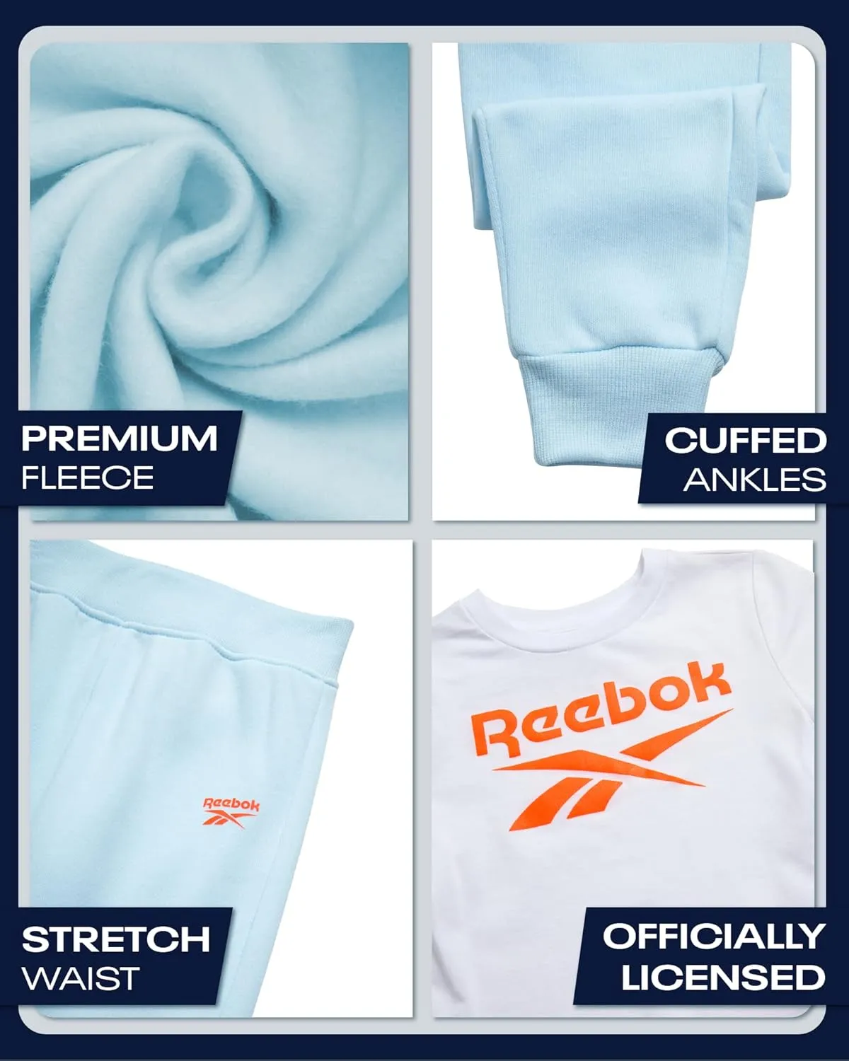 Reebok Baby Girls' Pants Set - 3 Piece Fleece Lined Sweatshirt, Graphic Tee and Jogger Pants for Infant and Toddler (12M-6X)